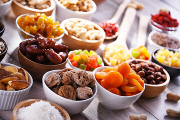 Composition with dried fruits and assorted nuts. Delicacies