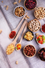 Composition with dried fruits and assorted nuts. Delicacies