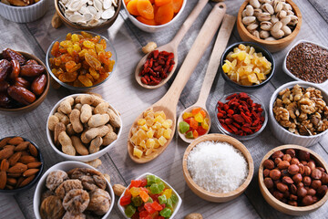 Composition with dried fruits and assorted nuts. Delicacies