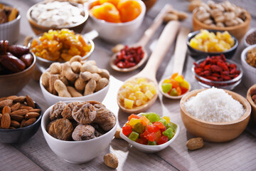 Composition with dried fruits and assorted nuts. Delicacies