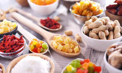 Composition with dried fruits and assorted nuts. Delicacies