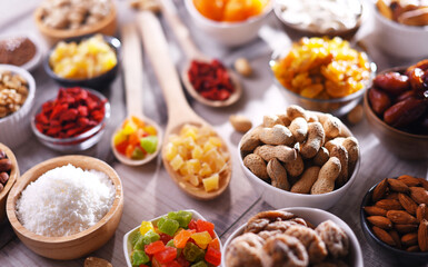 Composition with dried fruits and assorted nuts. Delicacies