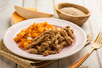 breaded chicken with roasted pumpkin