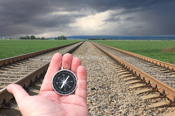 Classic compass in hand on the background of the railway as symbol of tourism with compass, travel...