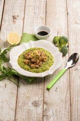 roasted tofu over broccoli cream