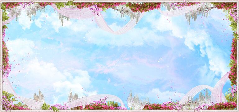 Beautiful image for the ceiling with stucco, flowers, clouds and petals.. Digital collage , mural and fresco. Wallpaper. Poster design. Modular panno.