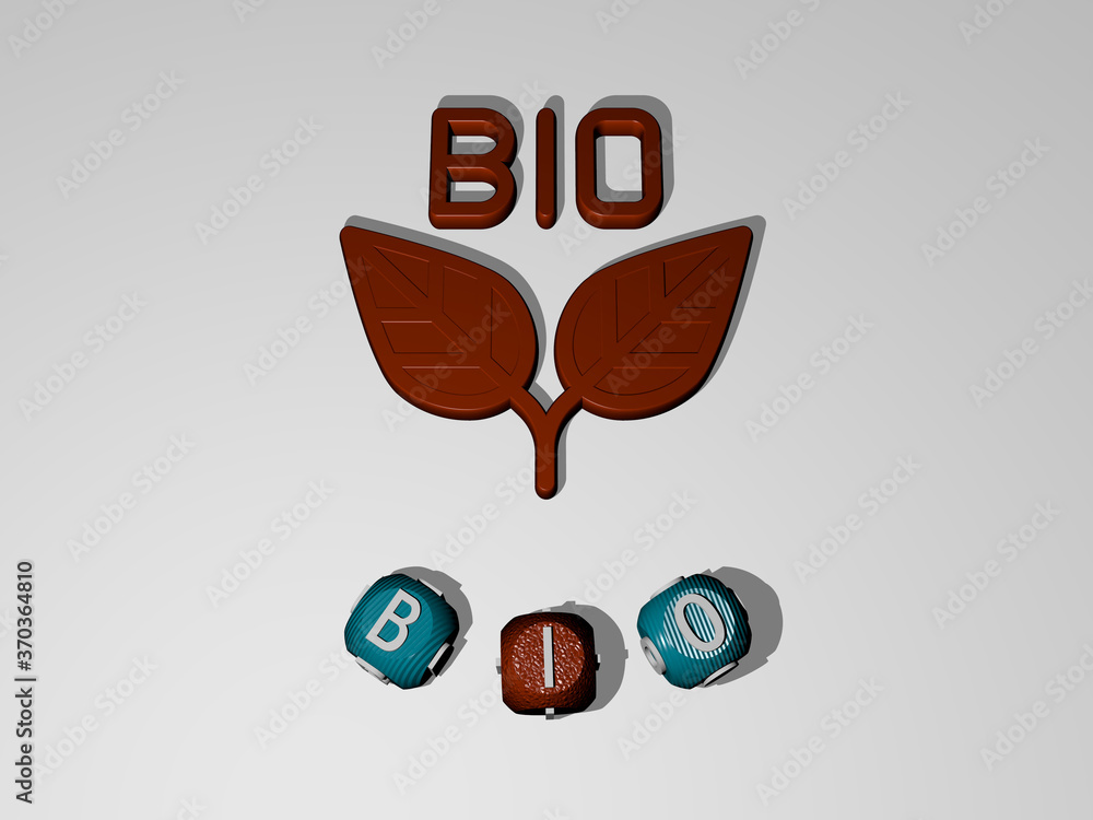 Poster 3d graphical image of bio vertically along with text built around the icon by metallic cubic letters