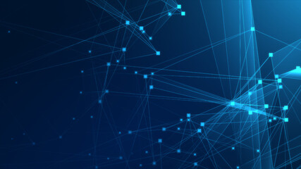 Abstract blue polygon tech network with connect technology background. Abstract dots and lines texture background. 3d rendering.
