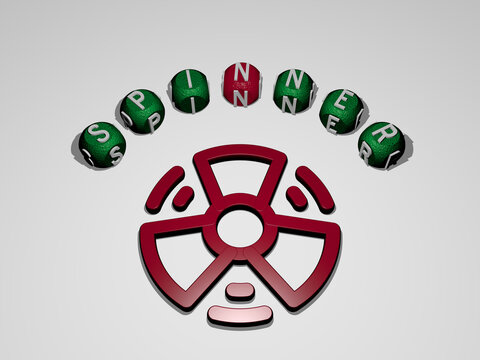 3D illustration of spinner graphics and text around the icon made by metallic dice letters for the related meanings of the concept and presentations. fidget and toy