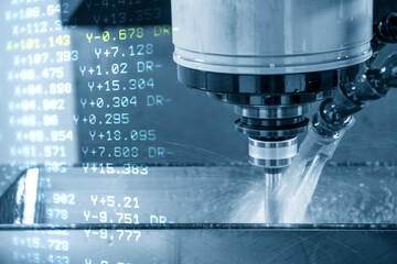 Abstract scene of CNC milling machine and G-code data background. The hi-technology mold and die...
