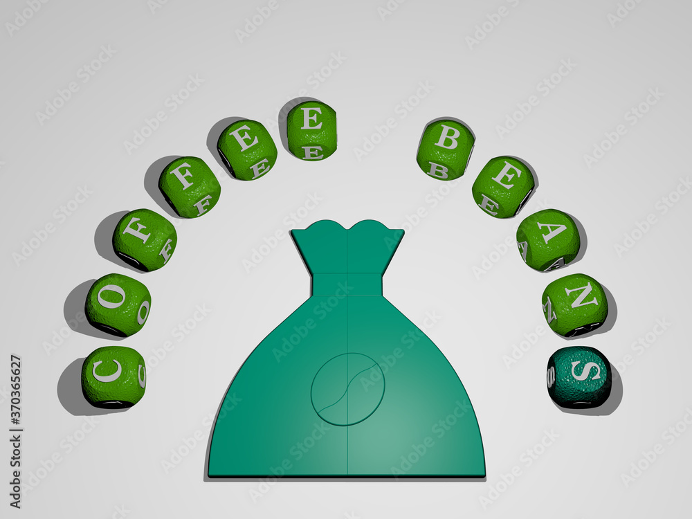 Poster 3d graphical image of coffee beans vertically along with text built around the icon by metallic cubi