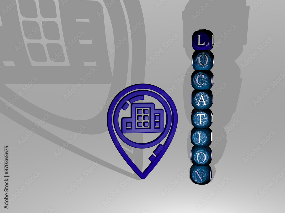 Poster 3d representation of location with icon on the wall and text arranged by metallic cubic letters on a