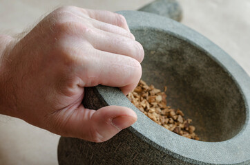 Hand holds stone mortar with crushed medicinal herbs and roots.