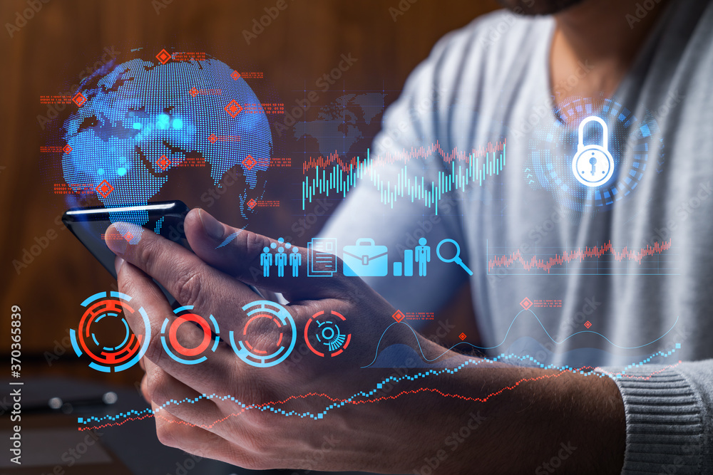Poster man using phone. hands typing smartphone. double exposure with business icons hologram. close up. re