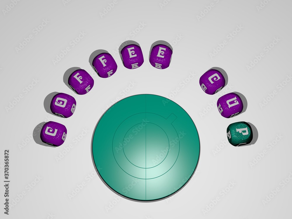 Poster 3d representation of coffee cup with icon on the wall and text arranged by metallic cubic letters on