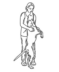 Vector hand drawn illustration of woman hugging dog english coonhound isolated. Tattoo artwork. Template for card, poster, banner, print for t-shirt, pin, badge, patch.