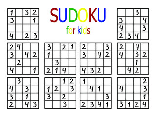 Simple sudoku set for beginners stock vector illustration. Four by four number sudoku game set horizontally printable worksheet. Colorful easy logical number puzzle for children. 