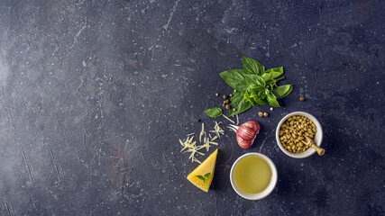 Fresh ingredients for pesto on dark background. Basil leaves, pine nuts, garlic, parmesan and olive oil. Traditiona Italianl sauce for pasta, pizza and bruschetta. Copy sapce for text