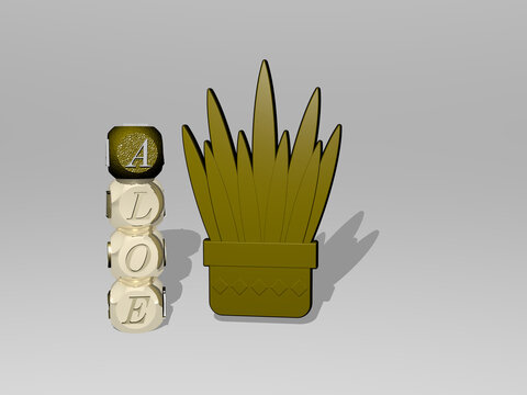 3D illustration of aloe graphics and text around the icon made by metallic dice letters for the related meanings of the concept and presentations. vera and background