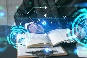 Technology HUD hologram and a woman taking notes. Multiexposure.