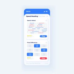 Speed reading app smartphone interface vector template. Mobile app page day mode design layout. Search word function on screen. Flat UI for application. Brain development exercise phone display