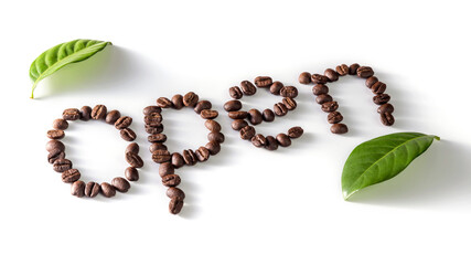 coffee beans on white background with open Text made of coffee beans