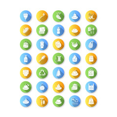 Anticonsumerism flat design long shadow glyph icons set. Zero waste policy and sustainable lifestyle. Eco friendly products and tips. Environment care. Silhouette RGB color illustrations