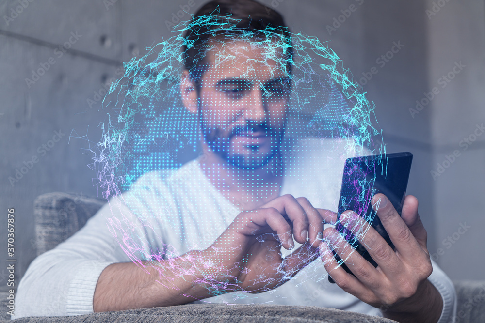 Poster double exposure of world map drawing hologram and a man searching information on phone in internet.