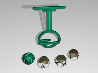 3D graphical image of LAMP vertically along with text built around the icon by metallic cubic letters from the top perspective, excellent for the concept presentation and slideshows. background and