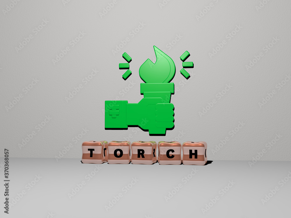 Poster 3d graphical image of torch vertically along with text built by metallic cubic letters from the top 