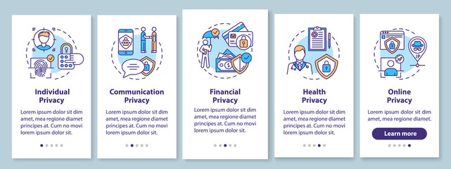 Naklejka premium Privacy types onboarding mobile app page screen with concepts. Communication and health privacy. Walkthrough 5 steps graphic instructions. UI vector template with RGB color illustration