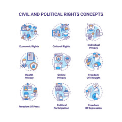 Civil and political rights concept icons set. Fundamental human rights idea thin line RGB color illustrations. Freedom of expression and press. Online privacy. Vector isolated outline drawings