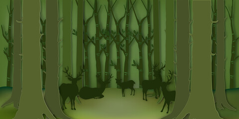 Paper art , cut and craft style of Green forest and deers wildlife with nature background layers as Saving the world with ecology and environment conservation concept. Vector illustration.