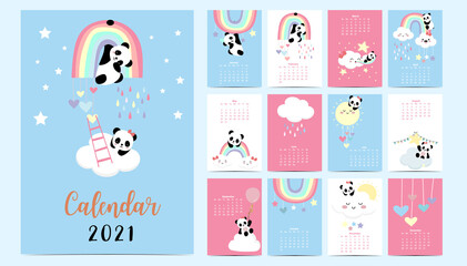 Doodle pastel calendar set 2021 with panda,rainbow,sun for children.Can be used for printable graphic