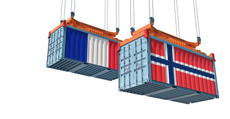 Freight containers with Norway and France flag. 3D Rendering 