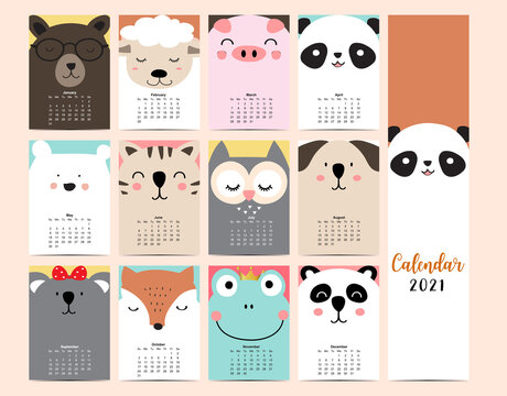Cute face animal calendar 2021 with panda,dog,cat,frog,fox, monkey,.Koala for children, kid, baby