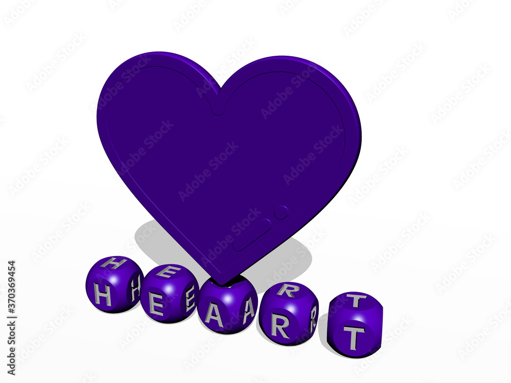 Poster 3d graphical image of heart vertically along with text built by metallic cubic letters from the top 