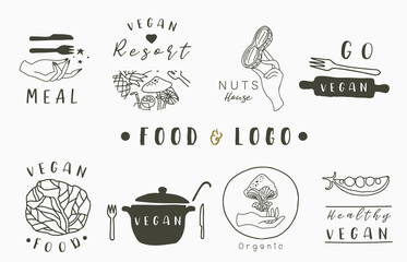 cook and kitchen logo collection with cabbage,pan,nut,pot,fork,knife.Vector illustration for icon,logo,sticker,printable and tattoo