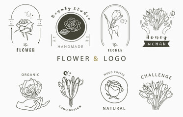 flower logo collection with rose,tulip,leaf.Vector illustration for icon,logo,sticker,printable and tattoo