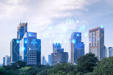 Obraz premium Research and development hologram over panorama city view of Bangkok, hub of new technologies to optimize business in Asia. Concept of exceeding opportunities. Double exposure.