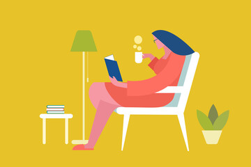 Illustration of a woman sipping coffee and reading a book