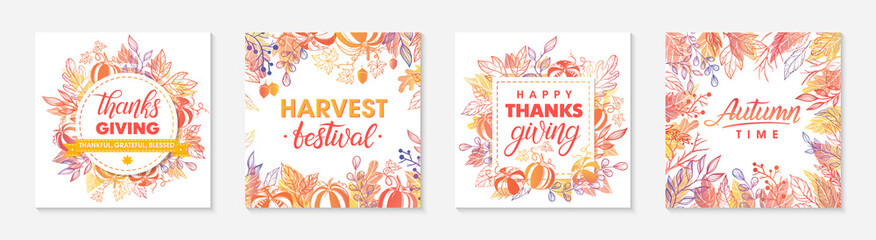 Autumn seasonals postes with leaves and floral elements in fall colors.Thanksgiving greetings and harvest fest posters perfect for prints,flyers,banners,invitations.Vector autumn illustrations