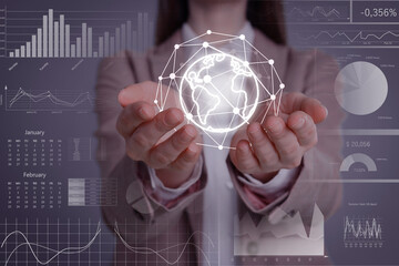 Young woman demonstrating world globe with network connection lines and digital graphics on purple background, closeup. Modern technology