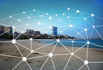 Machine learning concept. Digital web over blurred cityscape