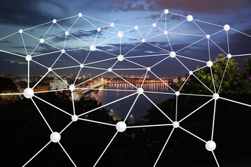 Machine learning concept. Digital web over blurred night cityscape