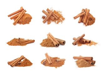 Set with aromatic cinnamon sticks and powder on white background