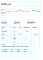 Modern drug test form with results. Illustration