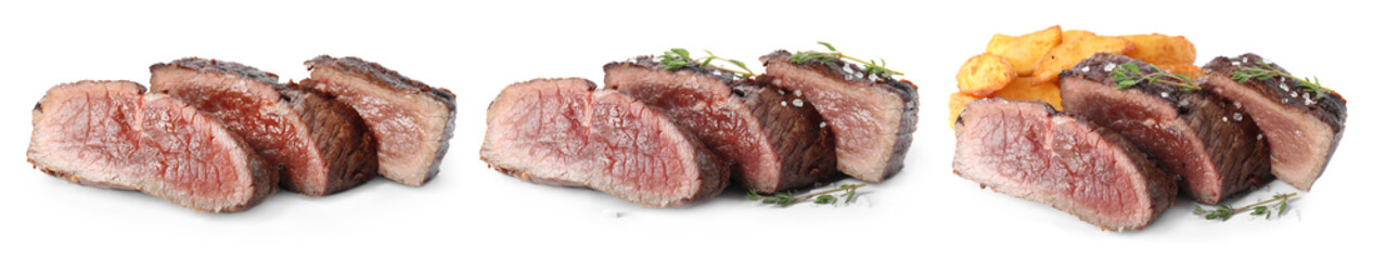 Set with delicious grilled meat on white background, banner design