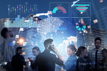 Multiple exposure of scheme, cityscape and businesspeople. Fintech concept