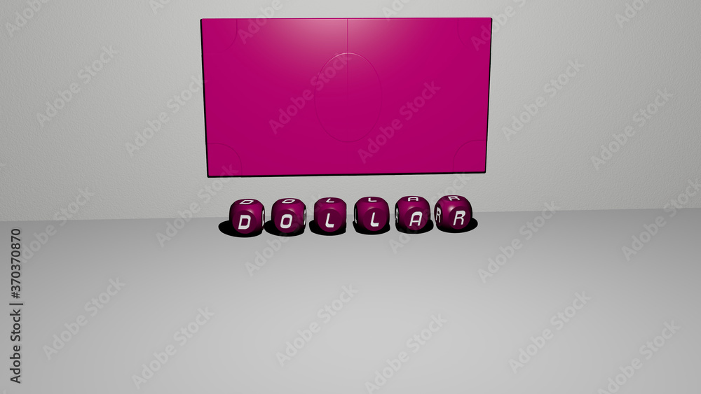Poster 3d graphical image of dollar vertically along with text built by metallic cubic letters from the top